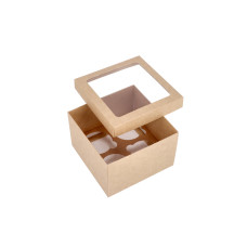 Cupcake box in two parts for 4 cupcakes with PVC window and custom-made insert 150x150x100 mm Brown (10-pack)